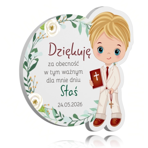 Biały magnes PODZIĘKOWANIA NA KOMUNIĘ DLA CHŁOPCA nadruk
