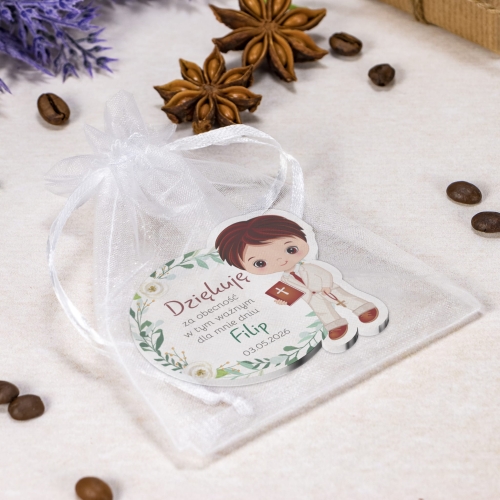 Biały magnes PODZIĘKOWANIA NA KOMUNIĘ DLA CHŁOPCA nadruk