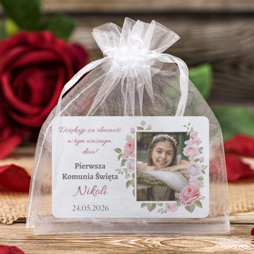 BIAŁY MAGNES ZE ZDJĘCIEM podziękowanie dla gości na Komunię