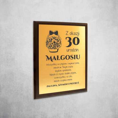 Elegancki drewniany obrazek złoty laminat PREZENT NA URODZINY