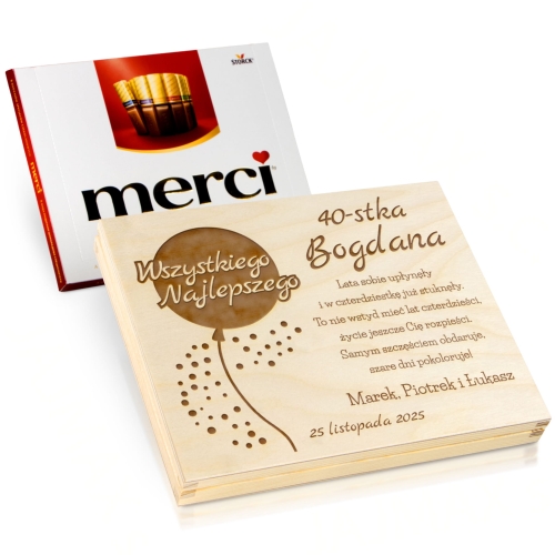 SŁODKI UPOMINEK NA URODZINY pudełko kartka z życzeniami grawer