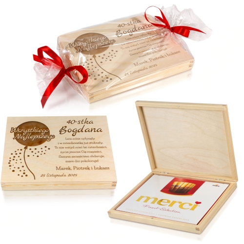 SŁODKI UPOMINEK NA URODZINY pudełko kartka z życzeniami grawer