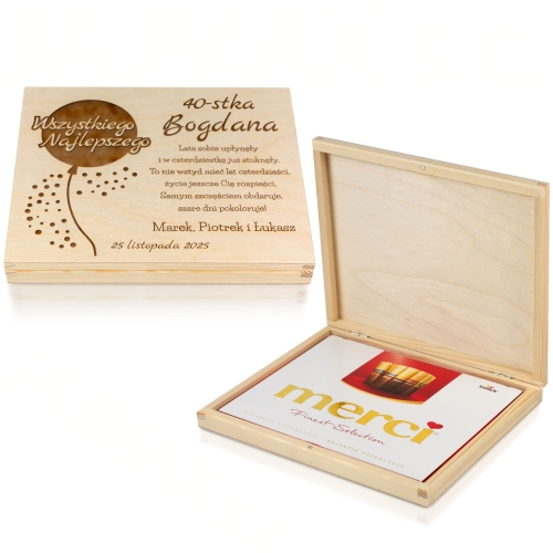 SŁODKI UPOMINEK NA URODZINY pudełko kartka z życzeniami grawer