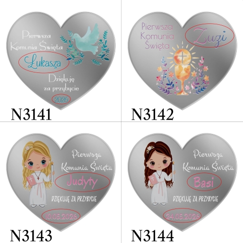 MAGNES LUSTRZANY SERCE podziękowanie dla gości Komunia nadruk