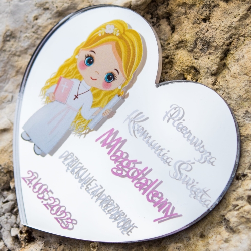 MAGNES LUSTRZANY SERCE podziękowanie dla gości Komunia nadruk