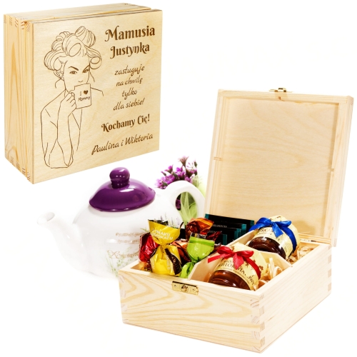 SŁODKI ZESTAW PREZENT DLA MAMY drewniane pudełko grawer