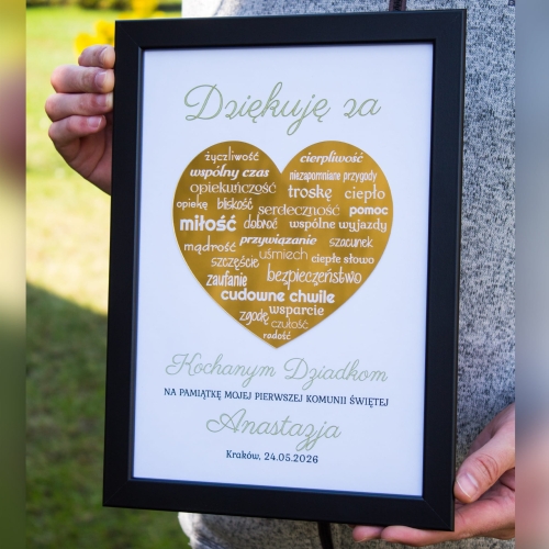 ZŁOTE SERCE Z NAPISAMI ramka podziękowania na Komunię