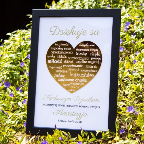 ZŁOTE SERCE Z NAPISAMI ramka podziękowania na Komunię