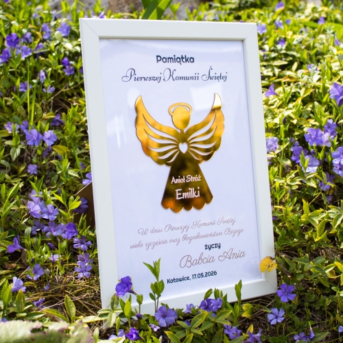 ZŁOTY ANIOŁ STRÓŻ w ramce wyjątkowy prezent na Komunię