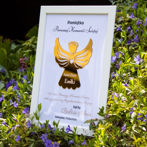 ZŁOTY ANIOŁ STRÓŻ w ramce wyjątkowy prezent na Komunię