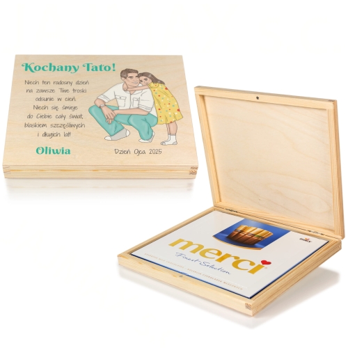 UPOMINEK DLA TATUSIA pudełko z czekoladkami Merci z dedykacją