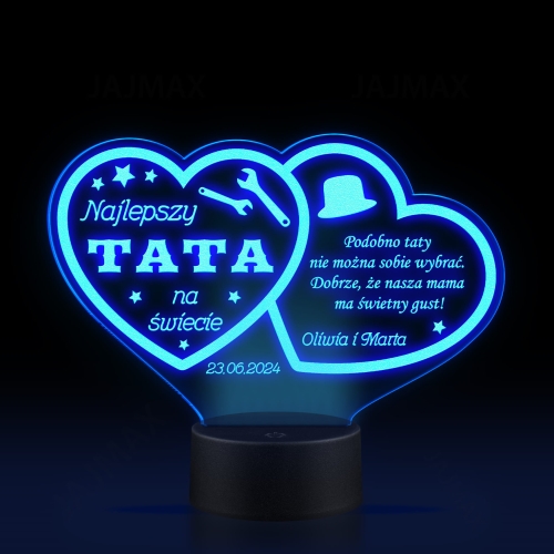 WYJĄTKOWY PREZENT DLA TATY lampka nocna LED dwa serca grawer