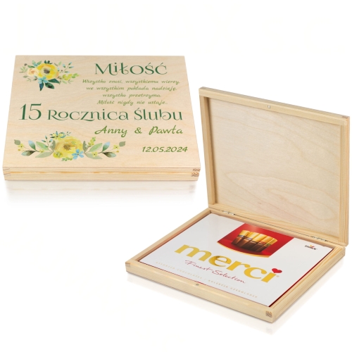 Oryginalny prezent z okazji rocznicy PUDEŁKO I CZEKOLADKI MERCI