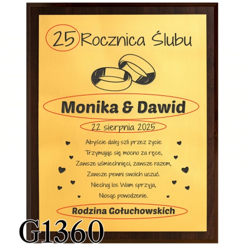 PREZENT Z OKAZJI ROCZNICY ŚLUBU złoty obrazek z dedykacją