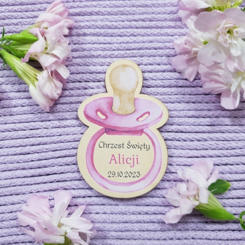 DREWNIANY MAGNES smoczek niebieski upominki za przybycie Chrzest