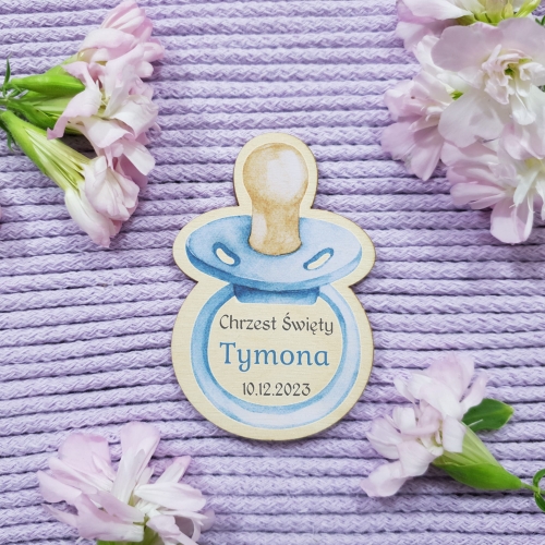 DREWNIANY MAGNES smoczek niebieski upominki za przybycie Chrzest