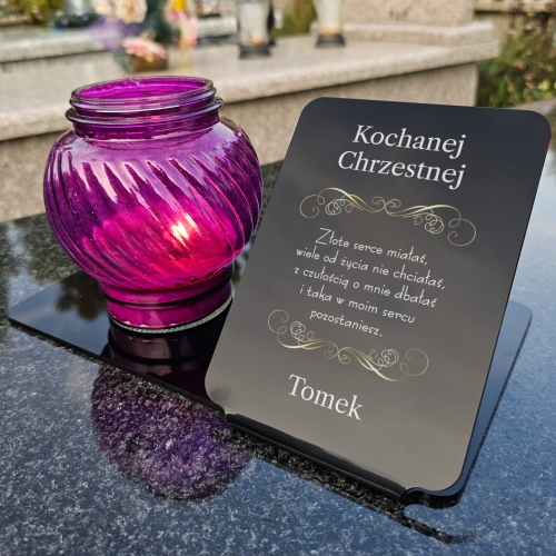 Statuetka pod znicze z nadrukiem dedykacja dla Chrzestnych i podpis