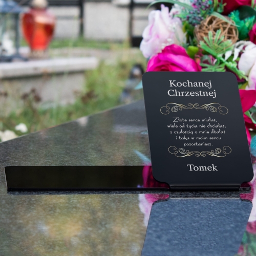 Statuetka pod znicze z nadrukiem dedykacja dla Chrzestnych i podpis