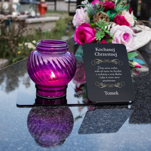 Statuetka pod znicze z nadrukiem dedykacja dla Chrzestnych i podpis