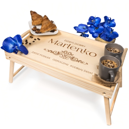 Drewniany stolik do łóżka jasny PREZENT NA URODZINY  grawer