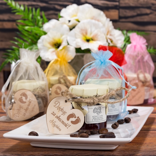 Zestaw BRELOK I KONFITURA upominki dla gości chrzest grawer
