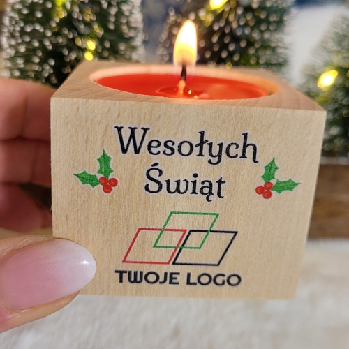 Upominki świąteczne z LOGO firmy świecznik drewniany