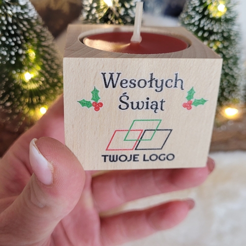 Upominki świąteczne z LOGO firmy świecznik drewniany