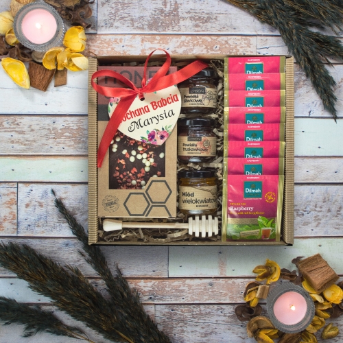 BOX PREZENTOWY DLA BABCI zestaw miodów herbat czekoladki