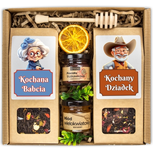 Zestaw prezentowy DLA BABCI I DZIADKA zestaw herbat miód powidła