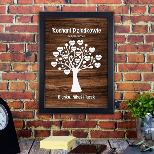 Ramka drzewko PODZIĘKOWANIA DLA BABCI I DZIADKA imiona wnuków