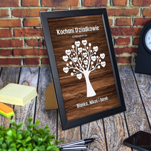 Ramka drzewko PODZIĘKOWANIA DLA BABCI I DZIADKA imiona wnuków
