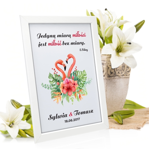 OBRAZEK W RAMCE flamingi serce i cytat miłosny dla zakochanych