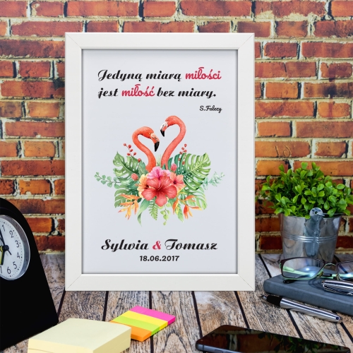 OBRAZEK W RAMCE flamingi serce i cytat miłosny dla zakochanych