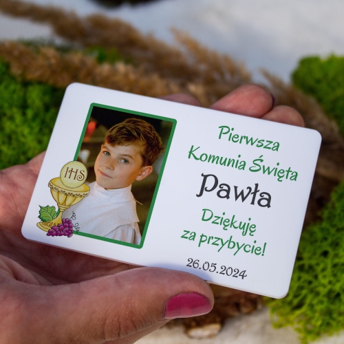 BIAŁY MAGNES ZE ZDJĘCIEM podziękowanie dla gości na Komunię