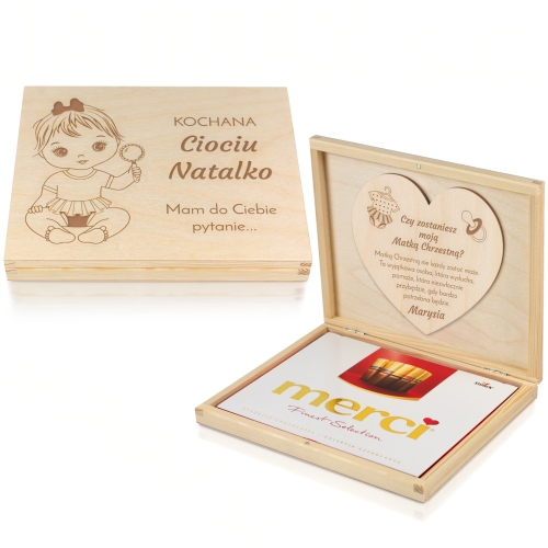 Prośba o bycie Chrzestną pudełko z czekoladkami Merci pytanie