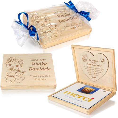 Prośba o zostanie Ojcem Chrzestnym pudełko czekoladki z dedykacją