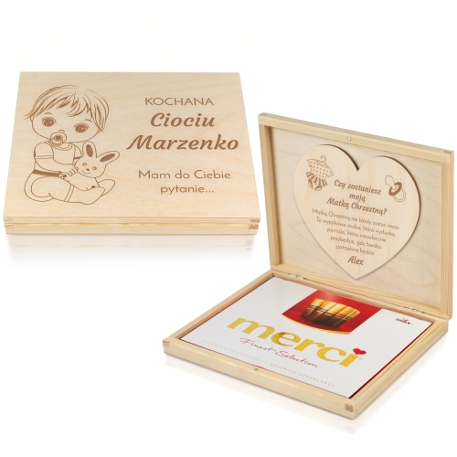 PYTANIE PROŚBA o zostanie Matką Chrzestną dziecka pudełko z pralinami