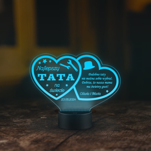 WYJĄTKOWY PREZENT DLA TATY lampka nocna LED dwa serca grawer
