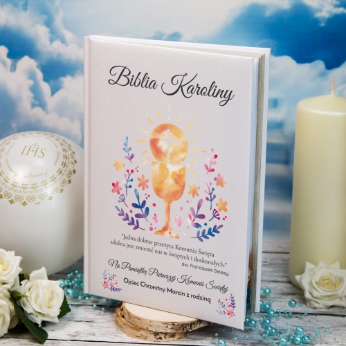 PAMIĄTKA PIERWSZA KOMUNIA ŚWIĘTA Biblia prezent od Chrzestnych