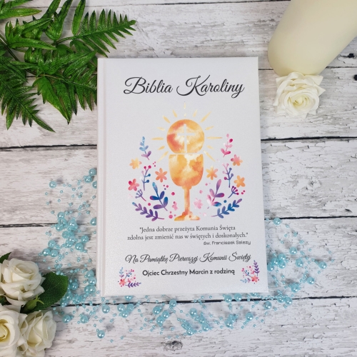 PAMIĄTKA PIERWSZA KOMUNIA ŚWIĘTA Biblia prezent od Chrzestnych