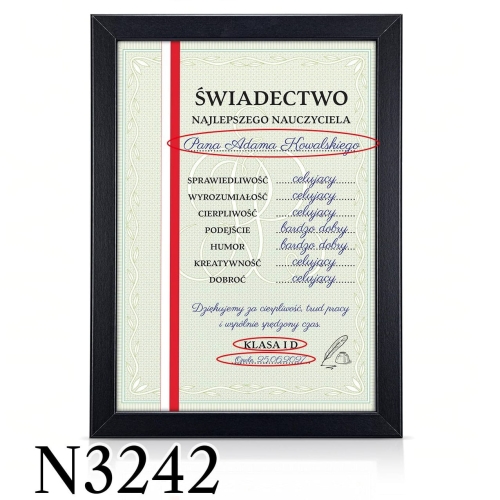 Świadectwo w ramce PAMIĄTKA DLA NAUCZYCIELA szkoła artystyczna