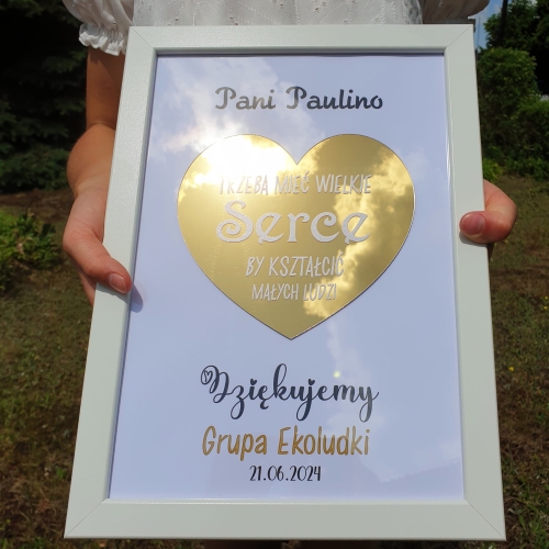 PODZIĘKOWANIA DLA NAUCZYCIELA złote serce w ramce prezent od klasy
