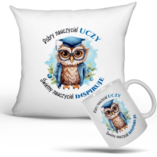 KUBEK I PODUSZKA Z NADRUKIEM DLA NAUCZYCIELA zestaw prezentowy sowa