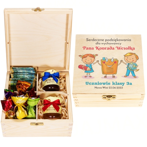 ZESTAW UPOMINKOWY DLA NAUCZYCIELA Z DEDYKACJĄ miód herbata praliny