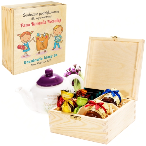 ZESTAW UPOMINKOWY DLA NAUCZYCIELA Z DEDYKACJĄ miód herbata praliny