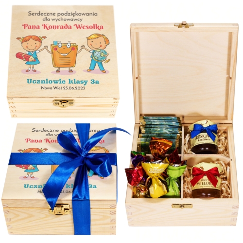 ZESTAW UPOMINKOWY DLA NAUCZYCIELA Z DEDYKACJĄ miód herbata praliny