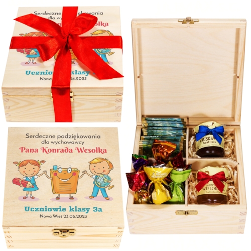ZESTAW UPOMINKOWY DLA NAUCZYCIELA Z DEDYKACJĄ miód herbata praliny
