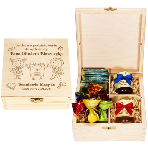 POMYSŁ NA PREZENT DLA NAUCZYCIELA pudełko słodkości z grawerem