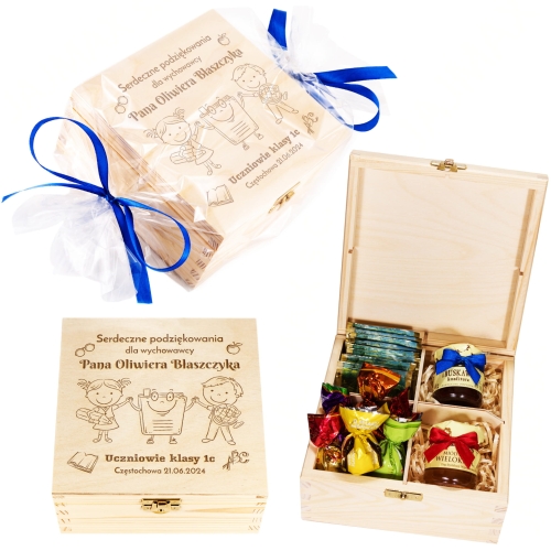 POMYSŁ NA PREZENT DLA NAUCZYCIELA pudełko słodkości z grawerem