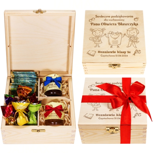 POMYSŁ NA PREZENT DLA NAUCZYCIELA pudełko słodkości z grawerem